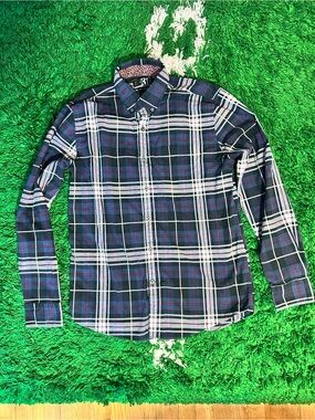 Simons Navy Plaid Button-Down Shirt with White and Red Stripes